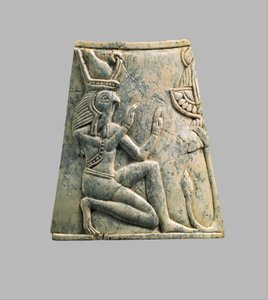 Plaque with falcon-headed Re wearing crown of Upper and Lower Egypt, c.8th–7th century BC